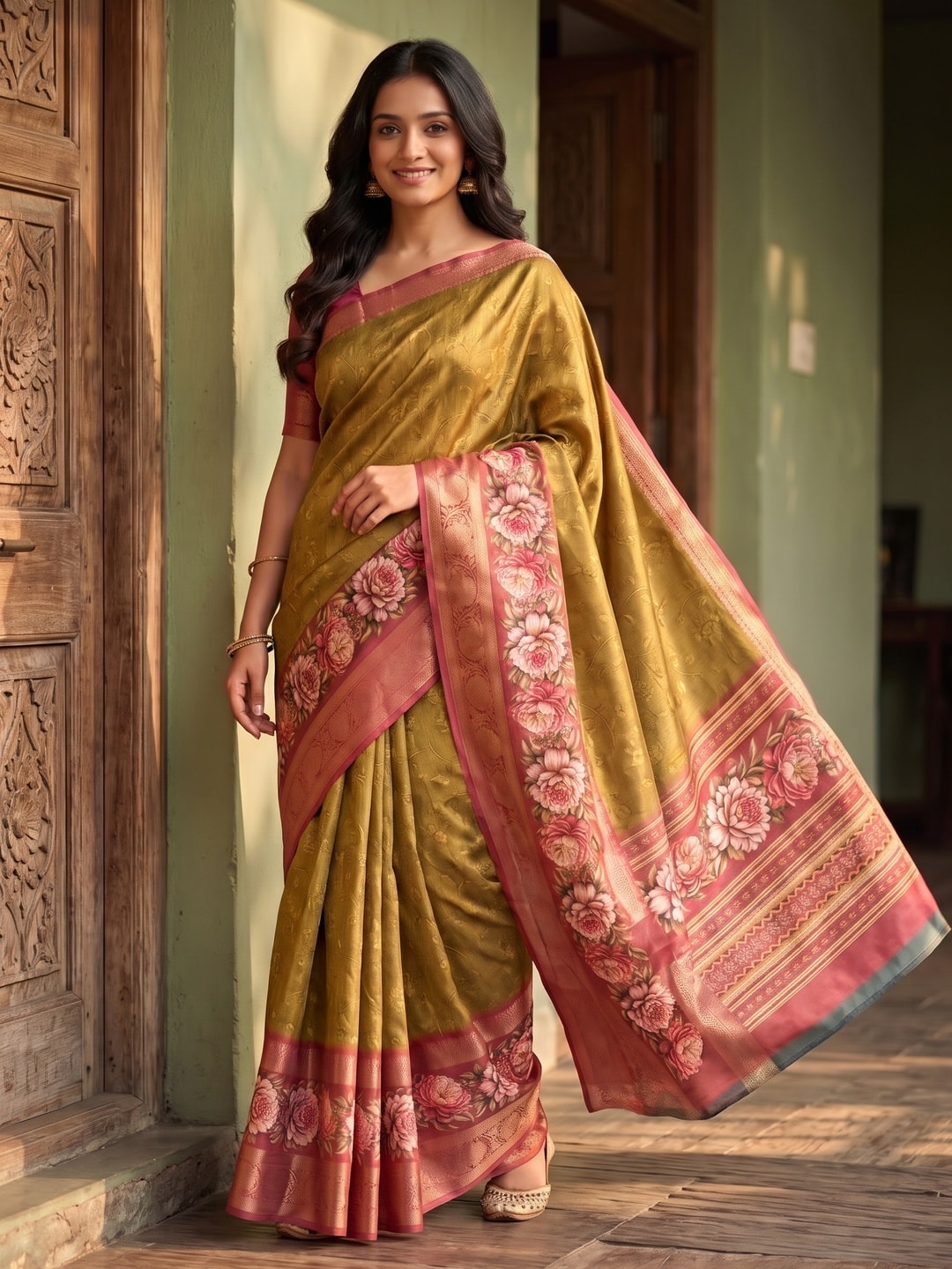Peachmode Khaki Pure Cotton Silk Saree With Bentex Jacquard And Digital Floral Print Border - Image 1