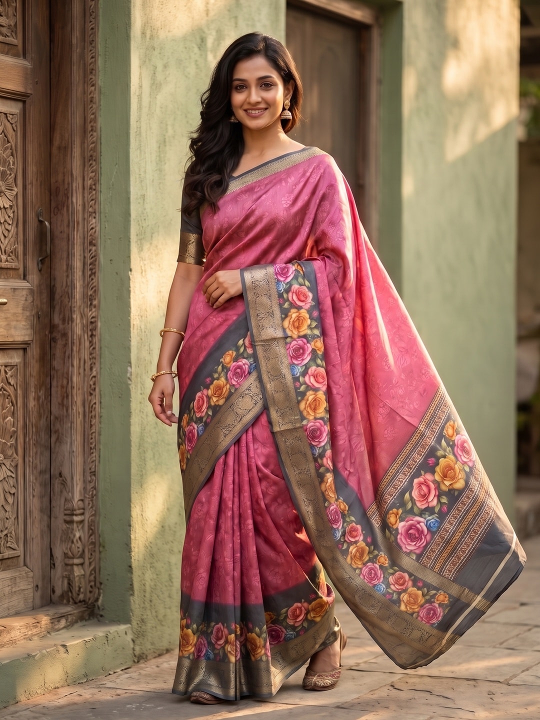 Peachmode Rose Pure Cotton Silk Saree With Bentex Jacquard And Digital Floral Print Border - Image 1