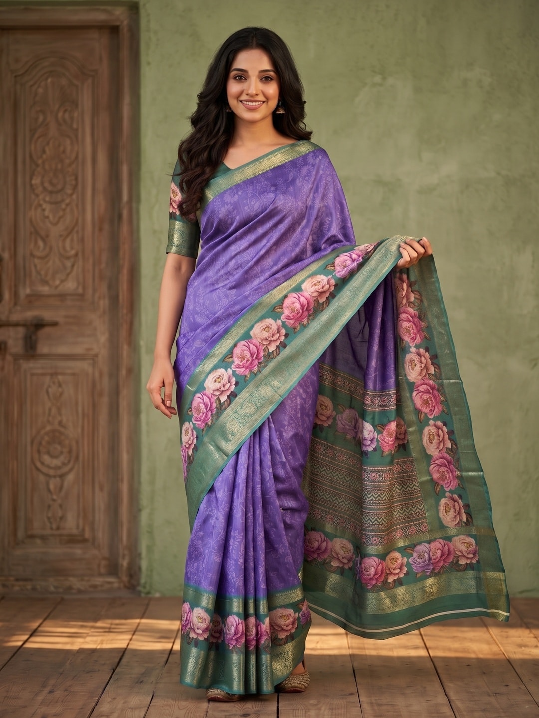 Peachmode Violet Pure Cotton Silk Saree With Bentex Jacquard And Digital Floral Print Border - Image 1