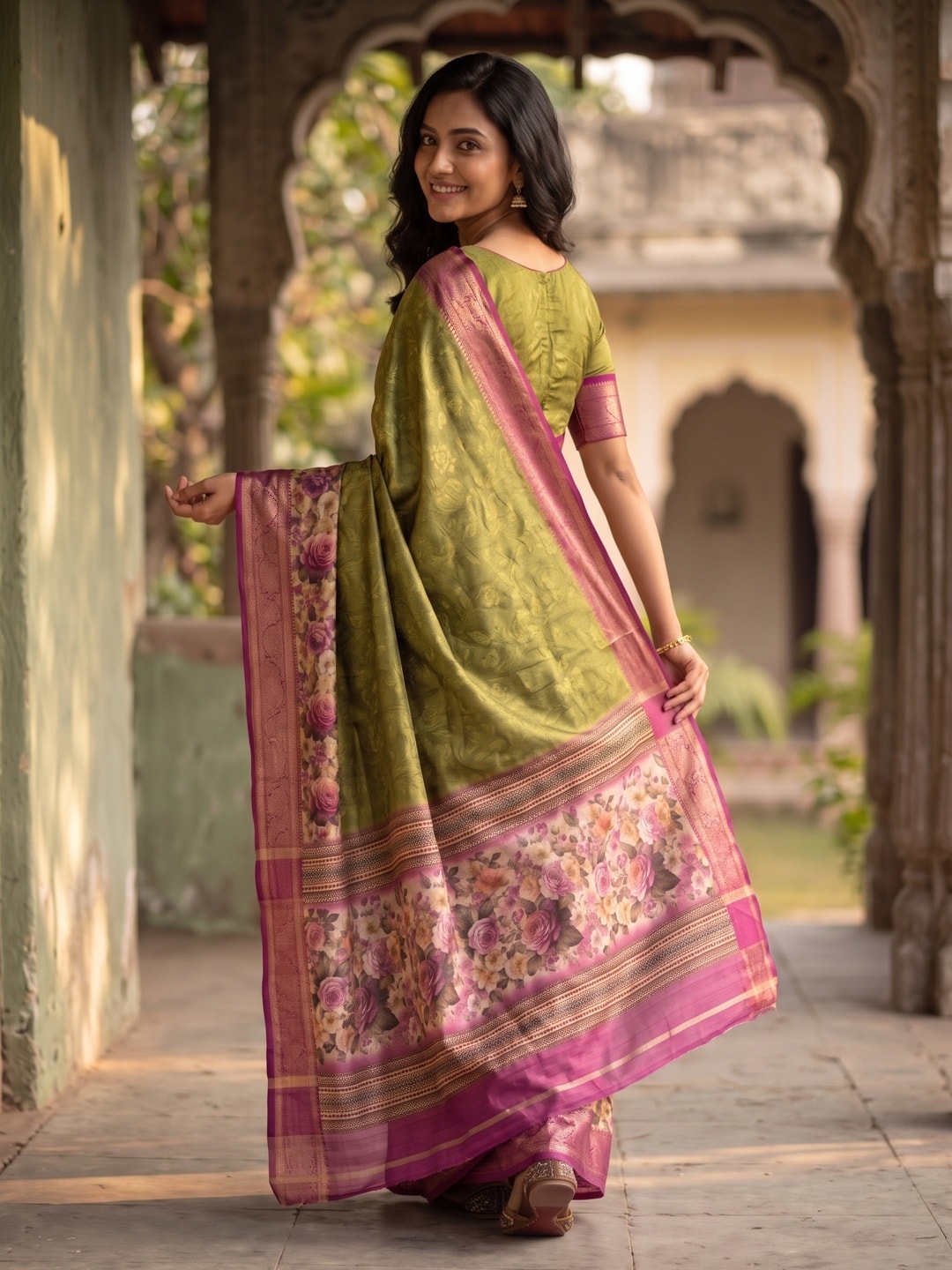 Peachmode Olive Pure Cotton Silk Saree With Bentex Jacquard And Digital Floral Print Border - Image 2