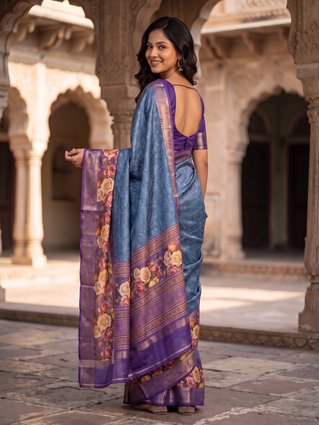Peachmode Blue Pure Cotton Silk Saree With Bentex Jacquard And Digital Floral Print Border - Image 2