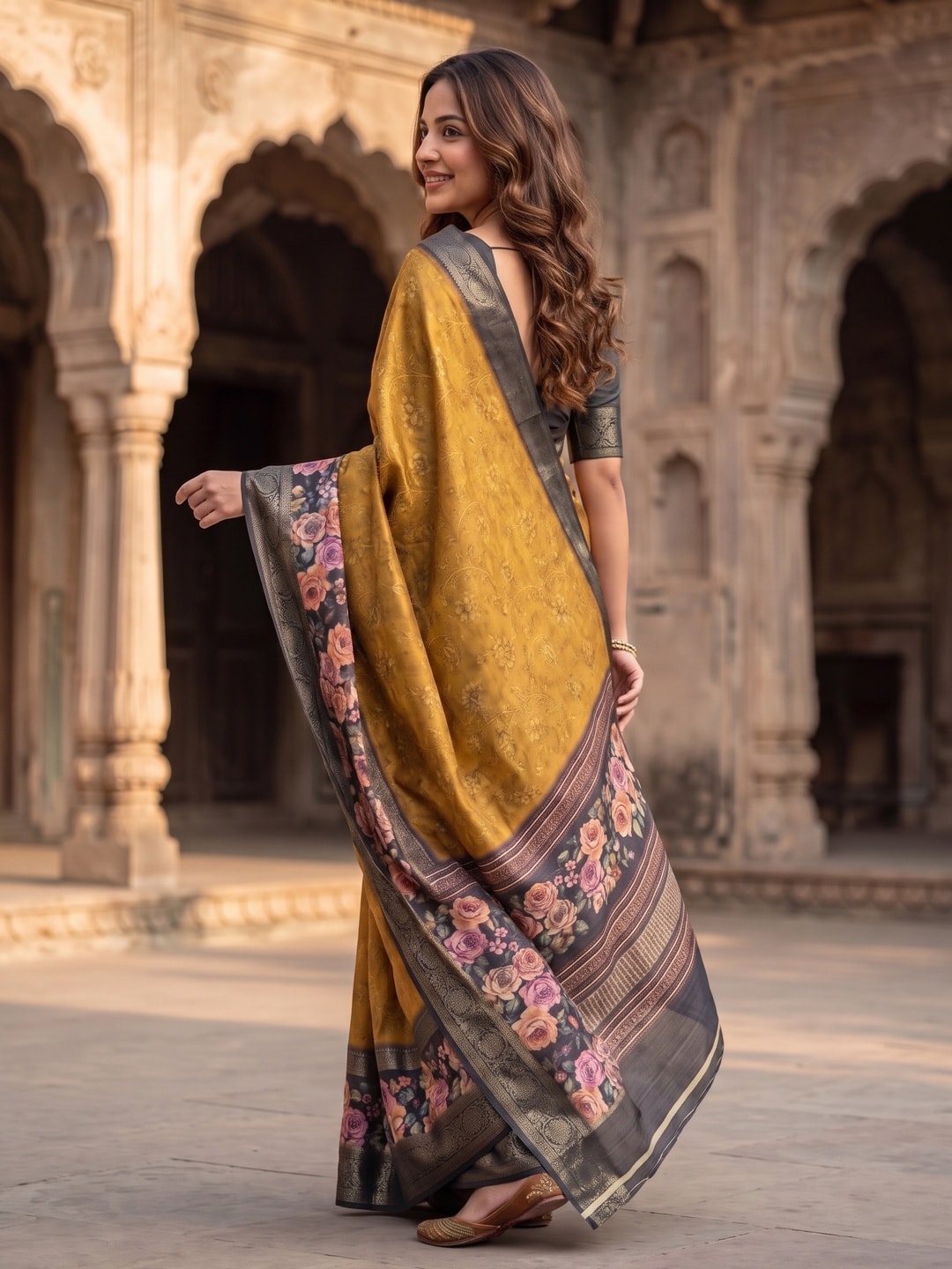 Peachmode Mustard Pure Cotton Silk Saree With Bentex Jacquard And Digital Floral Print Border - Image 2