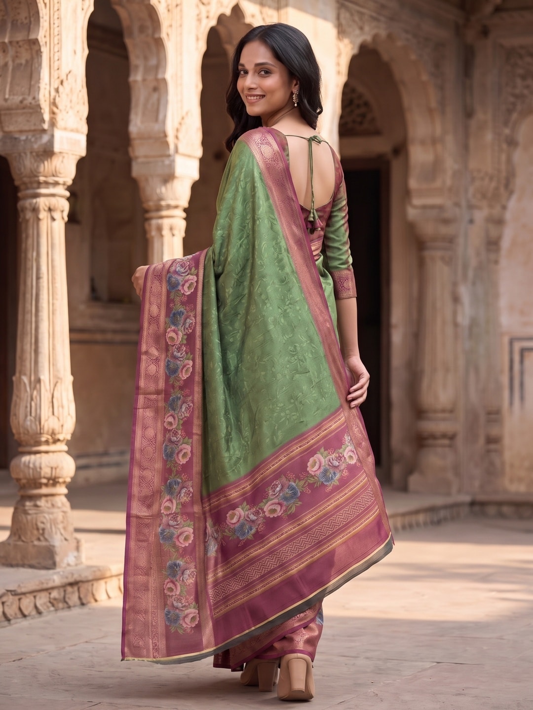 Peachmode Green Pure Cotton Silk Saree With Bentex Jacquard And Digital Floral Print Border - Image 2