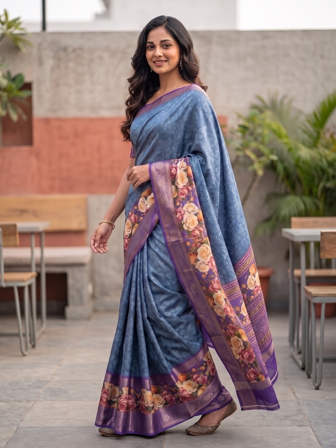 Peachmode Blue Pure Cotton Silk Saree With Bentex Jacquard And Digital Floral Print Border - Image 3