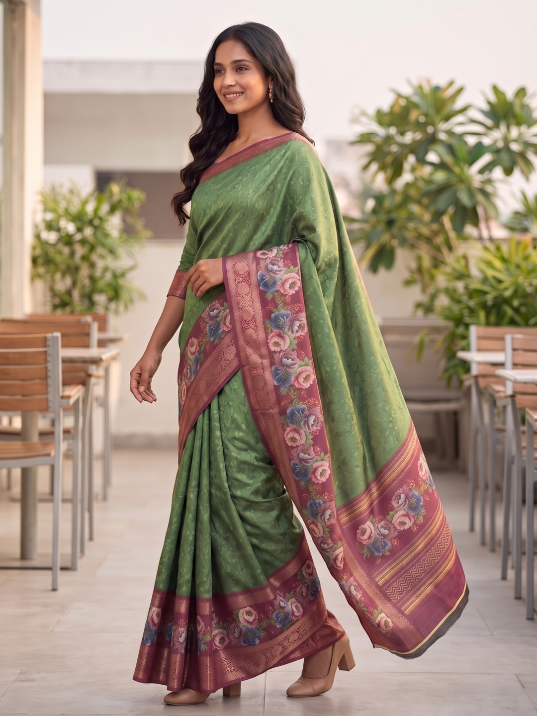 Peachmode Green Pure Cotton Silk Saree With Bentex Jacquard And Digital Floral Print Border - Image 3