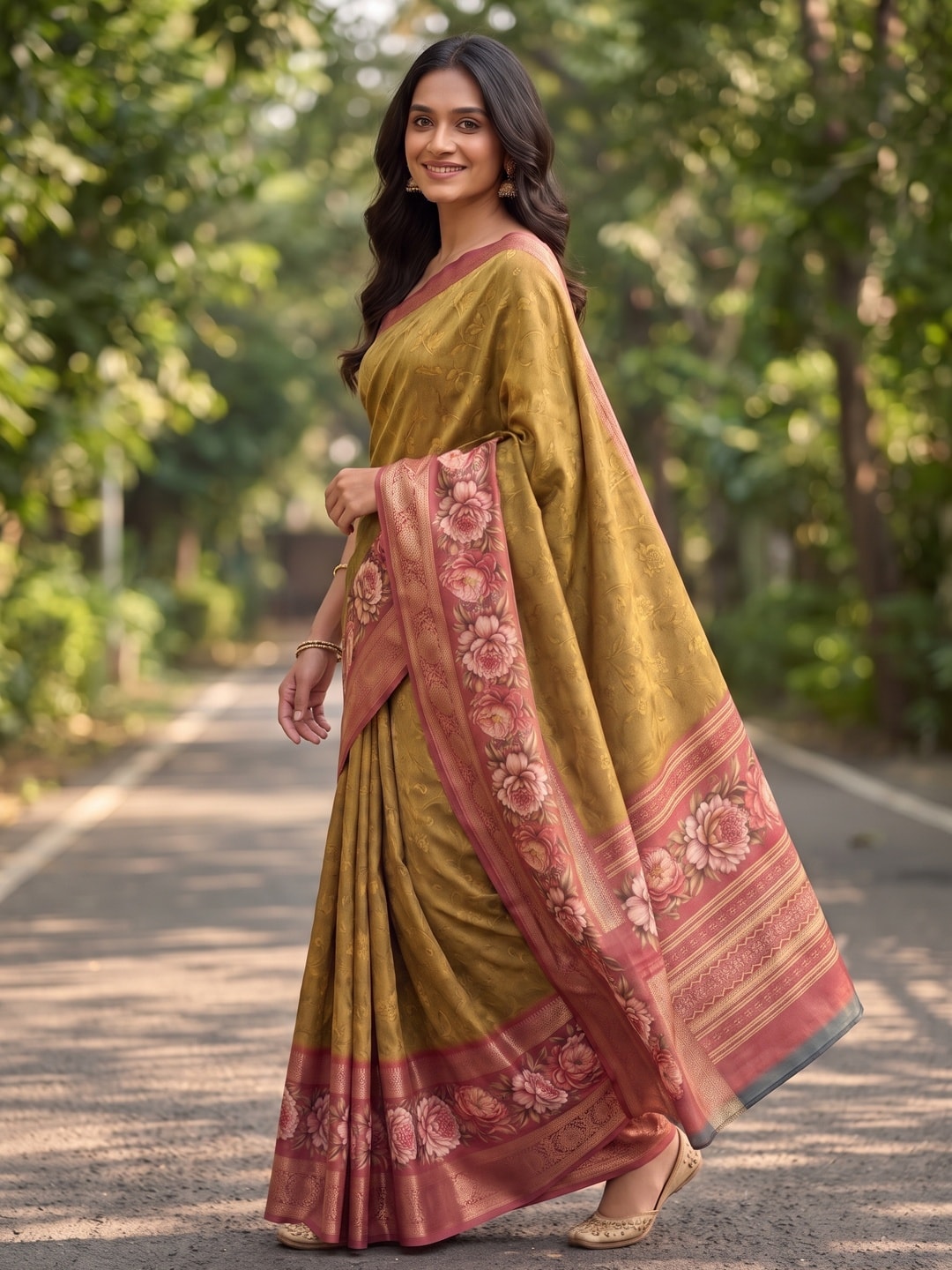 Peachmode Khaki Pure Cotton Silk Saree With Bentex Jacquard And Digital Floral Print Border - Image 3