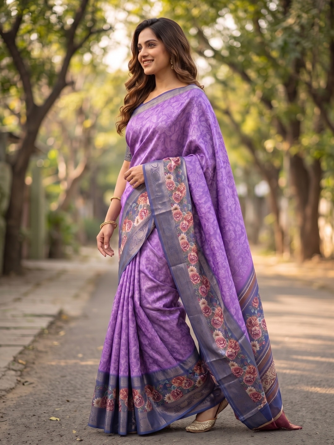 Peachmode Purple Pure Cotton Silk Saree With Bentex Jacquard And Digital Floral Print Border - Image 3