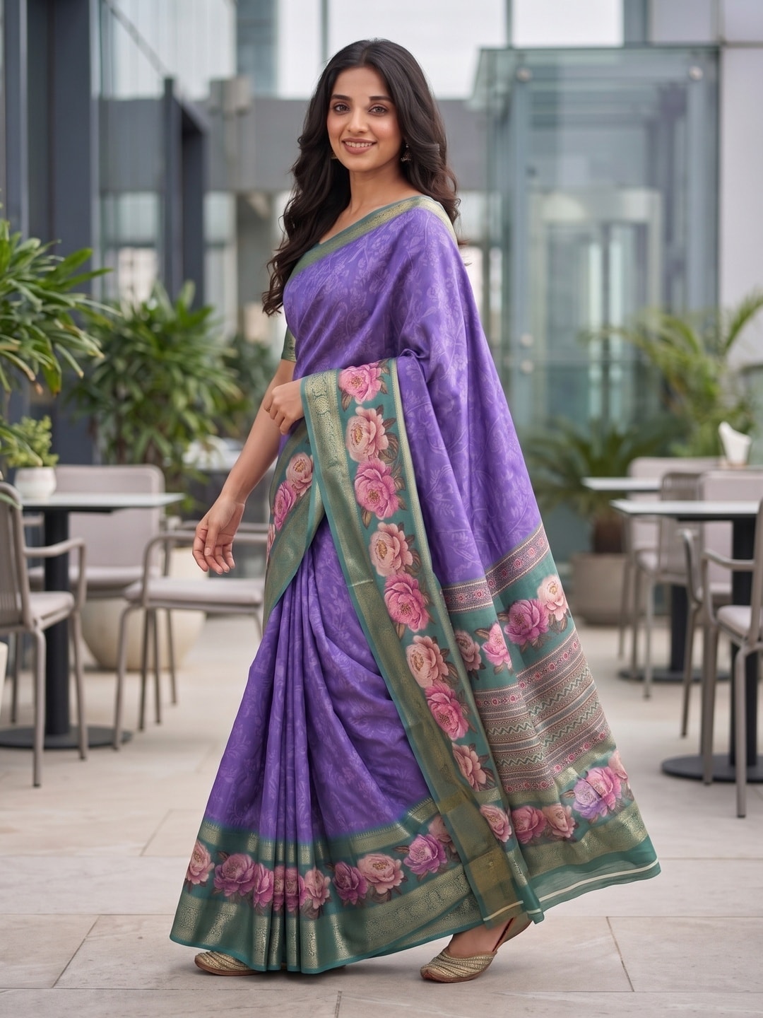 Peachmode Violet Pure Cotton Silk Saree With Bentex Jacquard And Digital Floral Print Border - Image 3