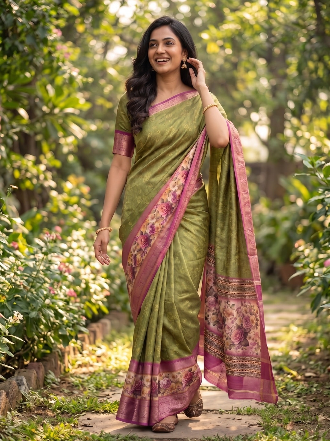 Peachmode Olive Pure Cotton Silk Saree With Bentex Jacquard And Digital Floral Print Border - Image 4