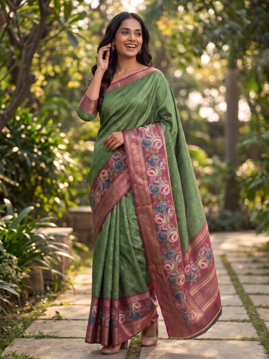 Peachmode Green Pure Cotton Silk Saree With Bentex Jacquard And Digital Floral Print Border - Image 4