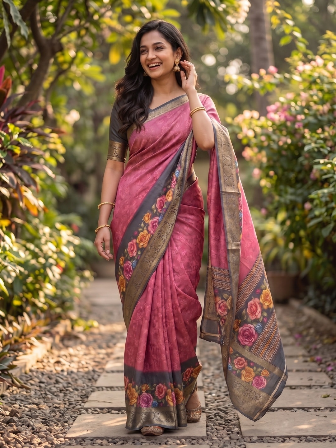 Peachmode Rose Pure Cotton Silk Saree With Bentex Jacquard And Digital Floral Print Border - Image 4