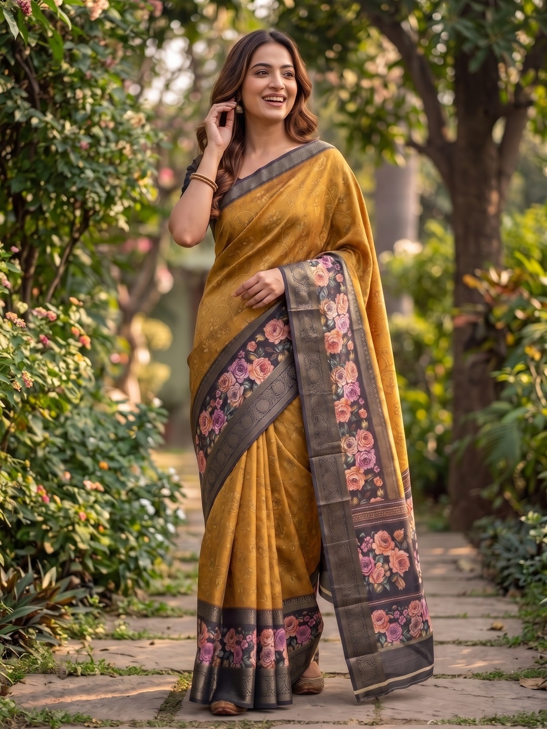 Peachmode Mustard Pure Cotton Silk Saree With Bentex Jacquard And Digital Floral Print Border - Image 4