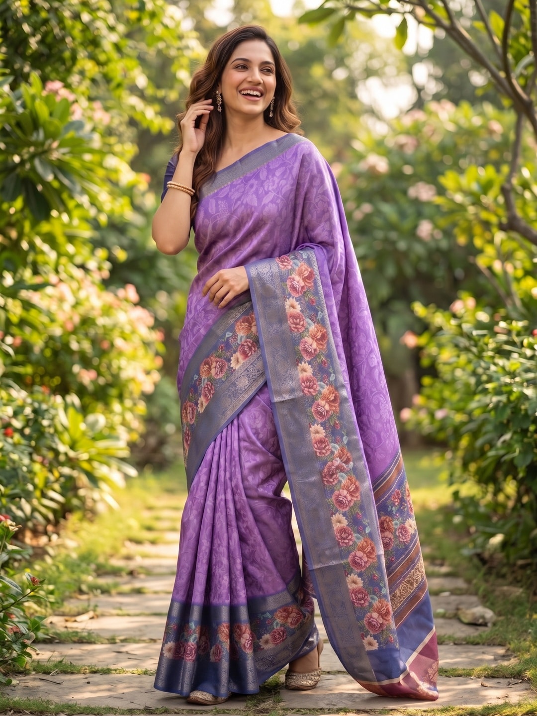 Peachmode Purple Pure Cotton Silk Saree With Bentex Jacquard And Digital Floral Print Border - Image 4