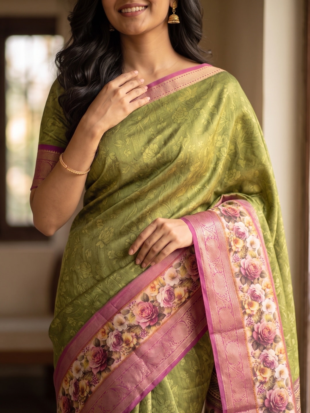 Peachmode Olive Pure Cotton Silk Saree With Bentex Jacquard And Digital Floral Print Border - Image 5