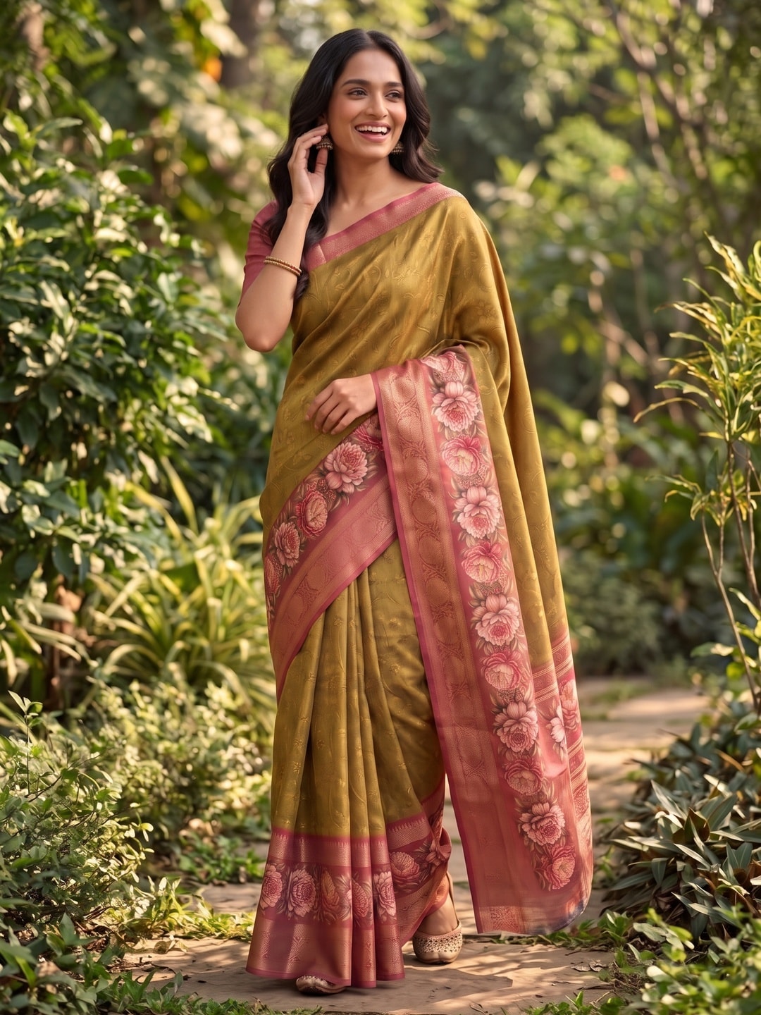 Peachmode Khaki Pure Cotton Silk Saree With Bentex Jacquard And Digital Floral Print Border - Image 4