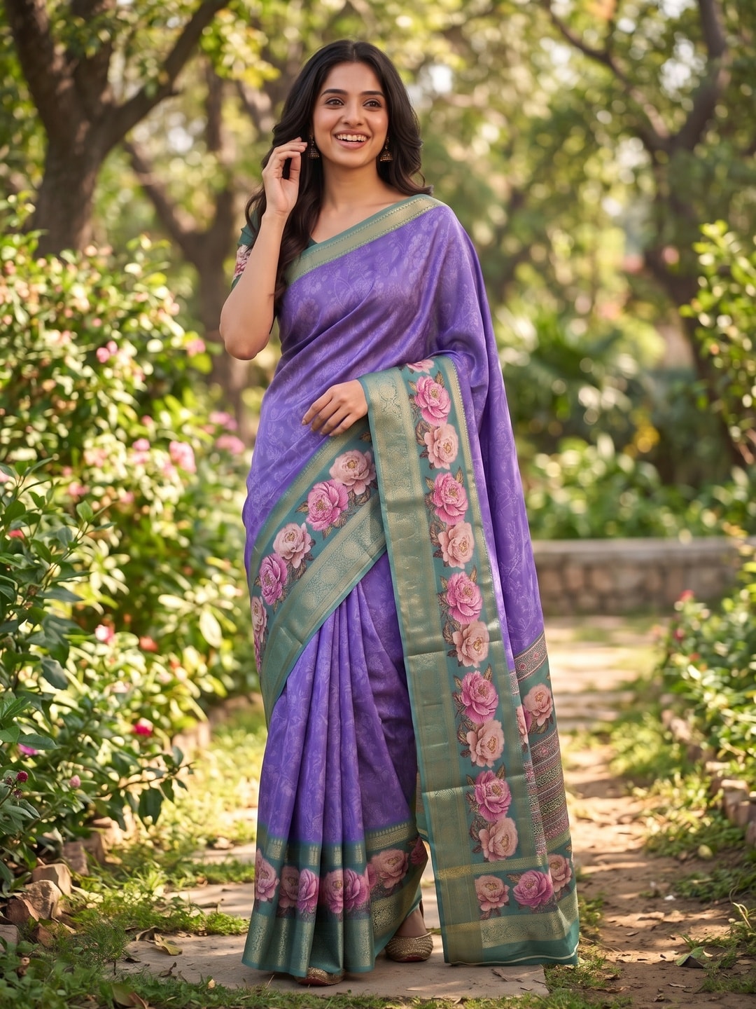 Peachmode Violet Pure Cotton Silk Saree With Bentex Jacquard And Digital Floral Print Border - Image 4