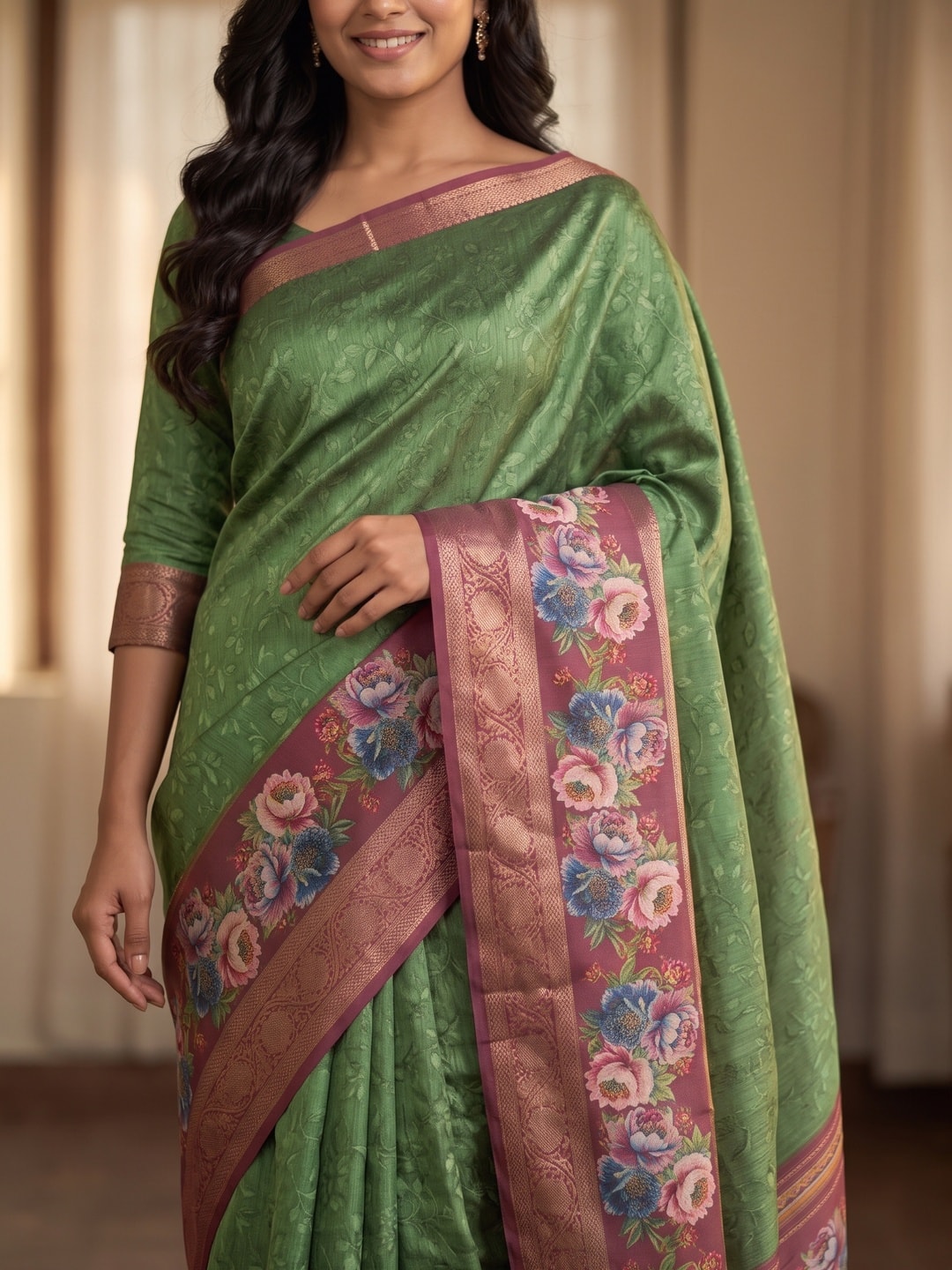 Peachmode Green Pure Cotton Silk Saree With Bentex Jacquard And Digital Floral Print Border - Image 5