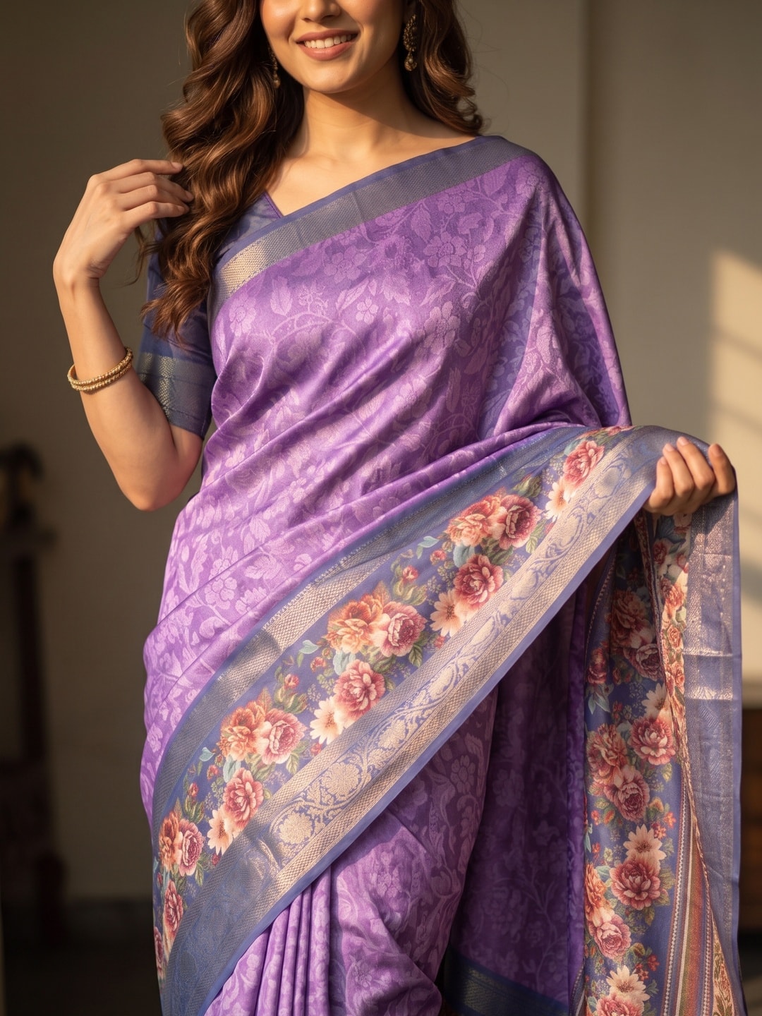 Peachmode Purple Pure Cotton Silk Saree With Bentex Jacquard And Digital Floral Print Border - Image 5