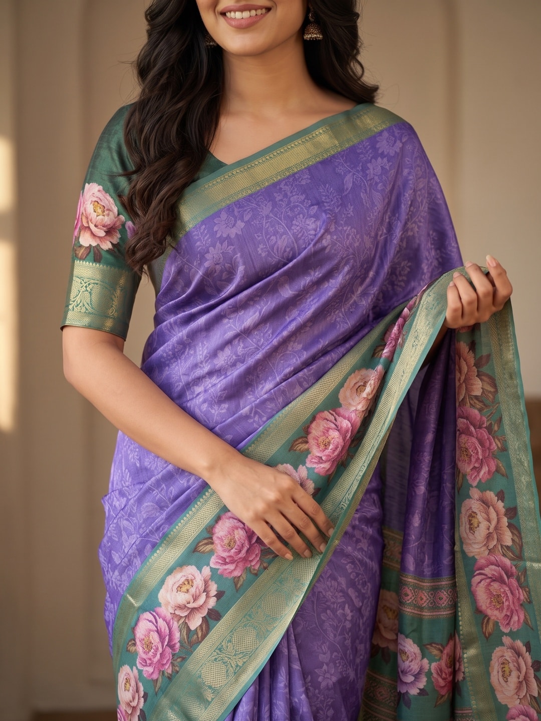 Peachmode Violet Pure Cotton Silk Saree With Bentex Jacquard And Digital Floral Print Border - Image 5