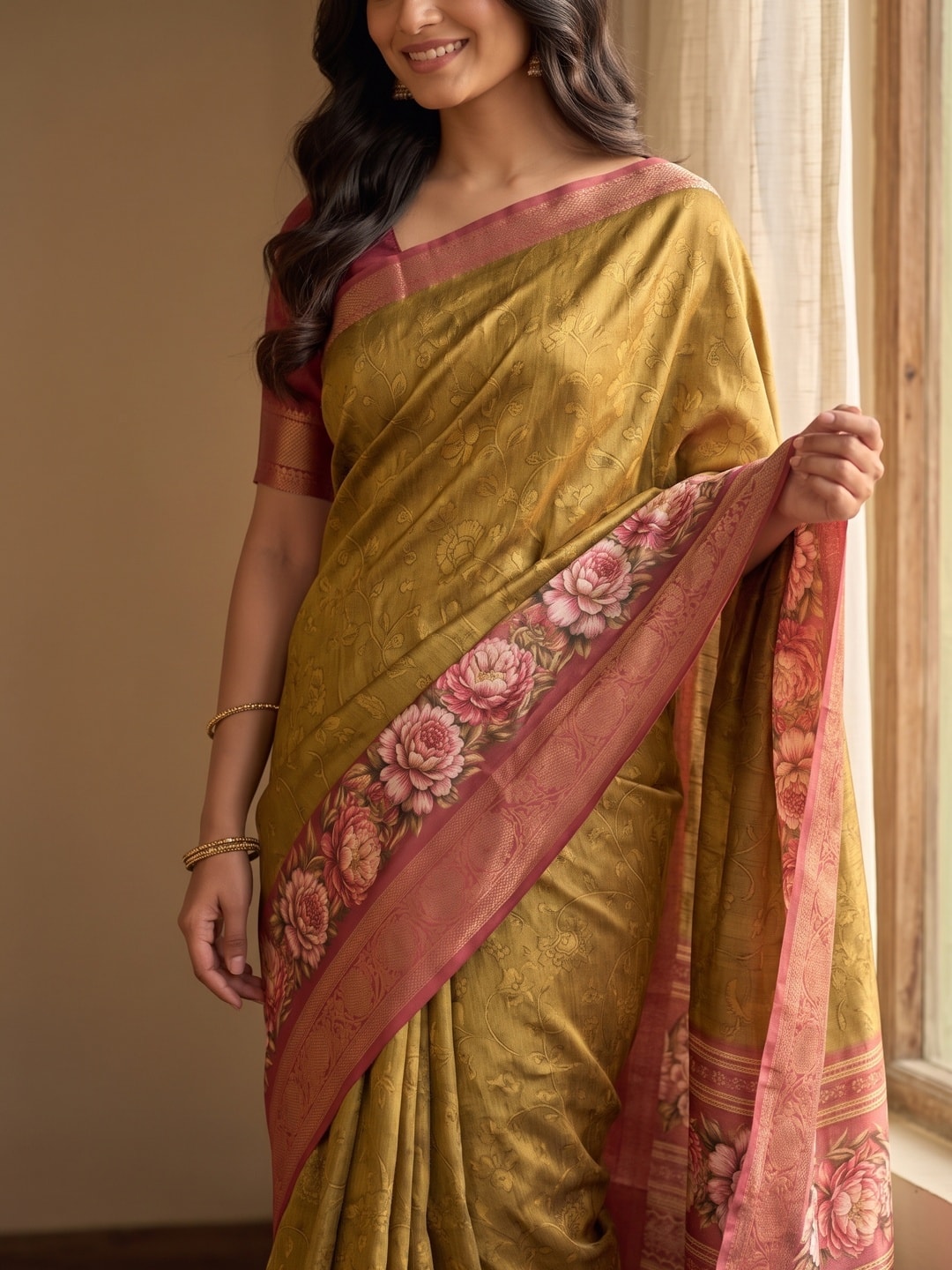 Peachmode Khaki Pure Cotton Silk Saree With Bentex Jacquard And Digital Floral Print Border - Image 5