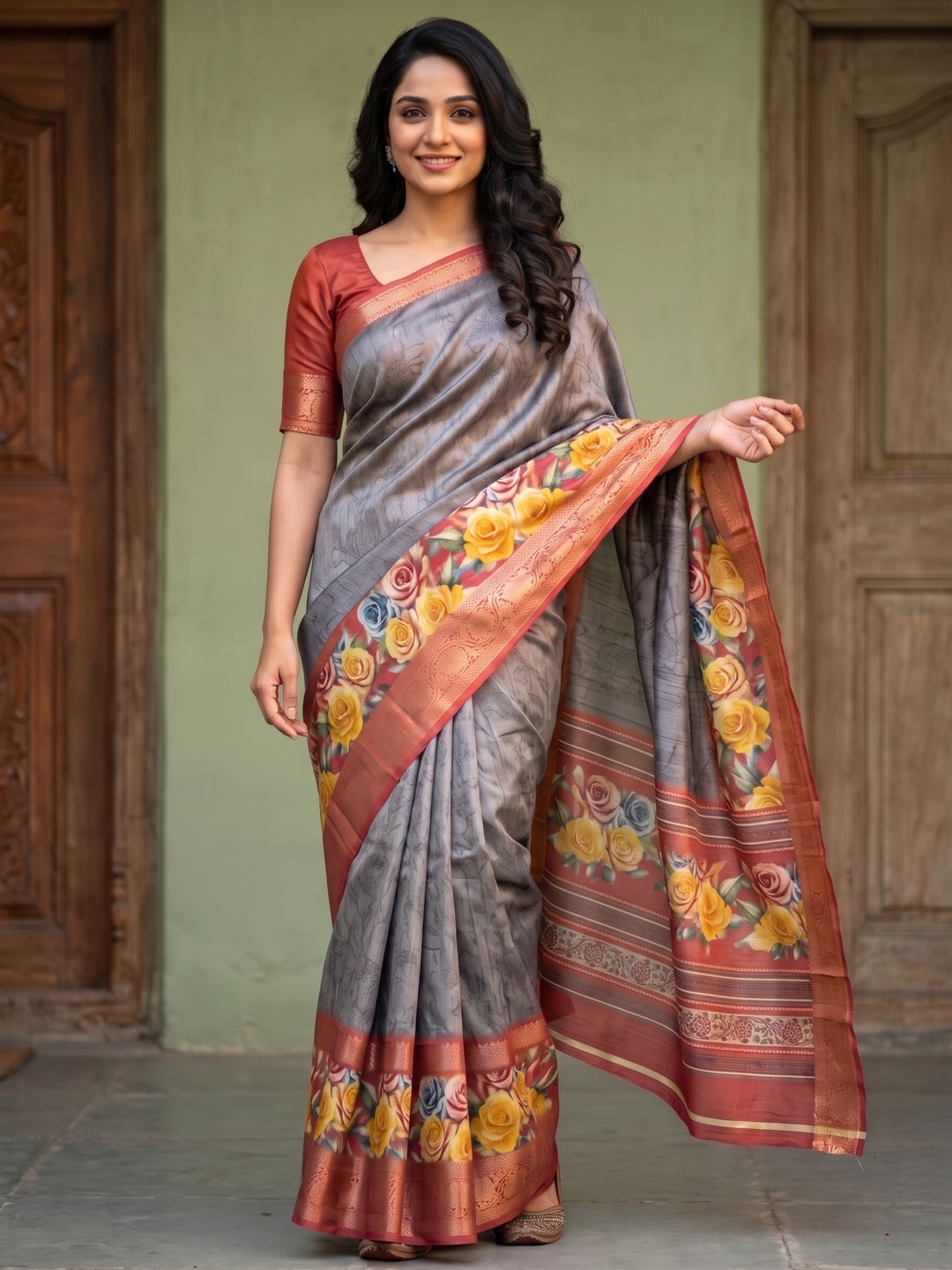 Peachmode Grey Pure Cotton Silk Saree With Bentex Jacquard And Digital Floral Print Border - Image 1