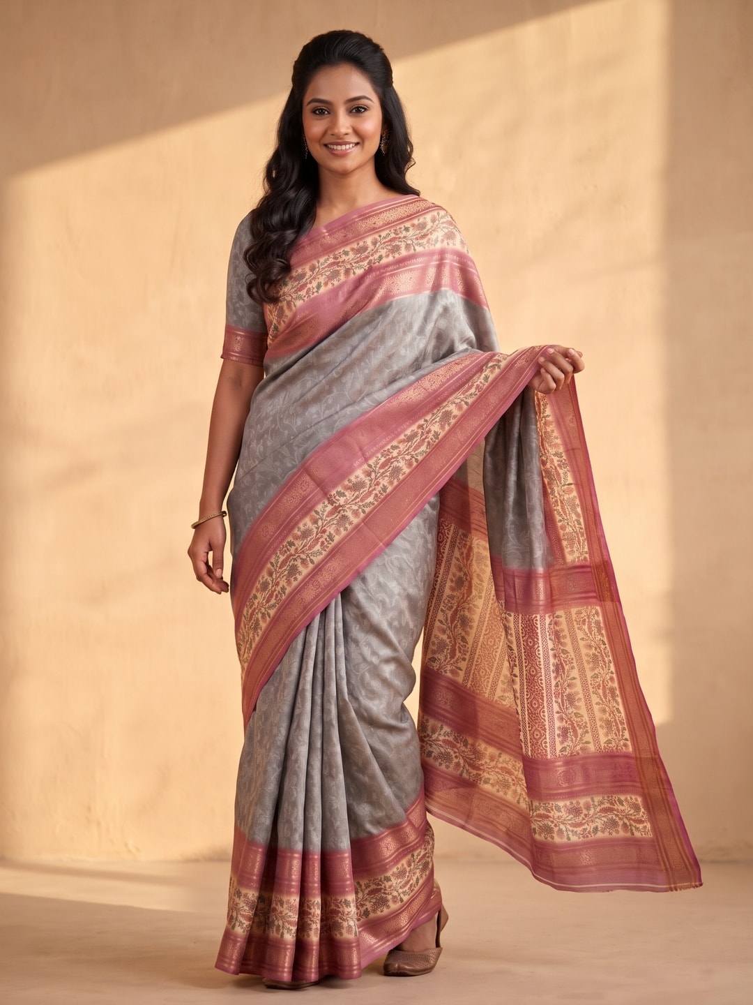 Peachmode Grey Pure Cotton Silk Saree With Bentex Jacquard And Digital Print Panel Design - Image 1