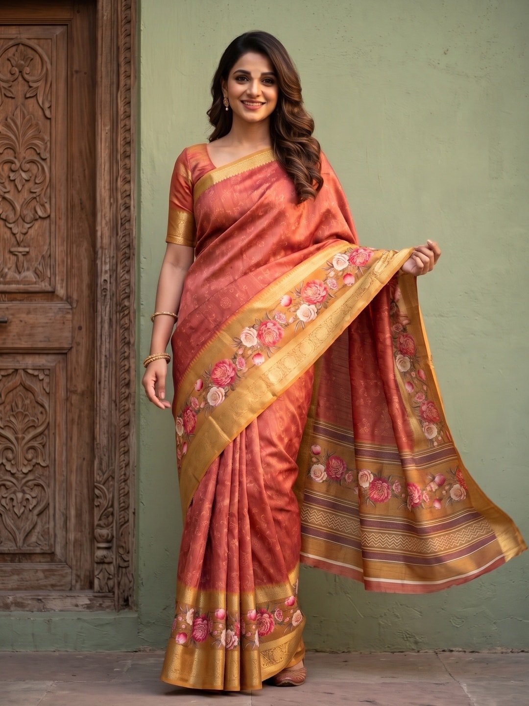 Peachmode Coral Pure Cotton Silk Saree With Bentex Jacquard And Digital Floral Print Border - Image 1