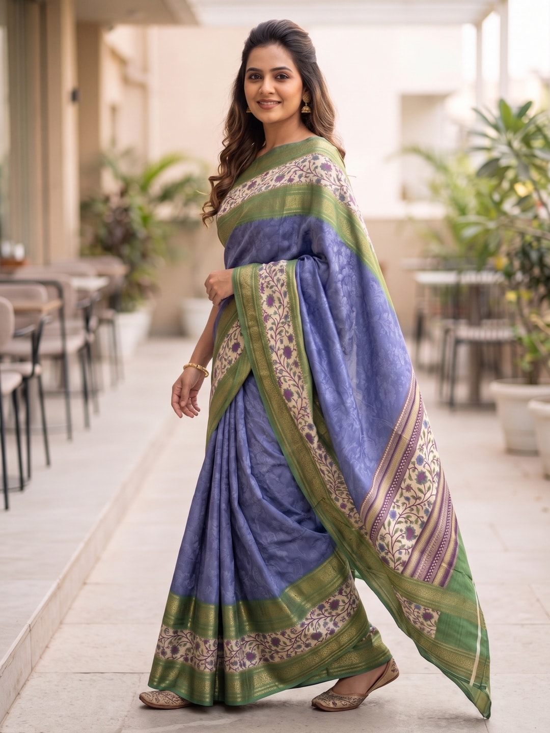 Peachmode Blue Pure Cotton Silk Saree With Bentex Jacquard And Digital Print Panel Design - Image 3