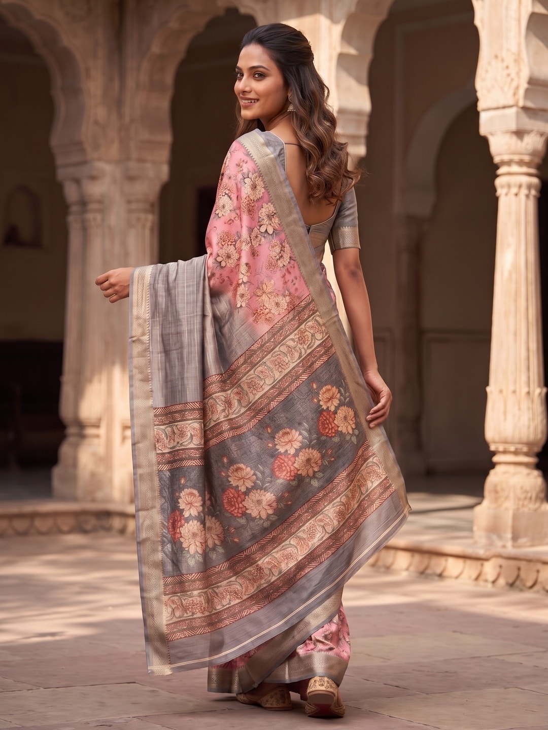 Peachmode Pink Pure Cotton Silk Saree With Bentex Jacquard And Digital Print Panel Design - Image 2