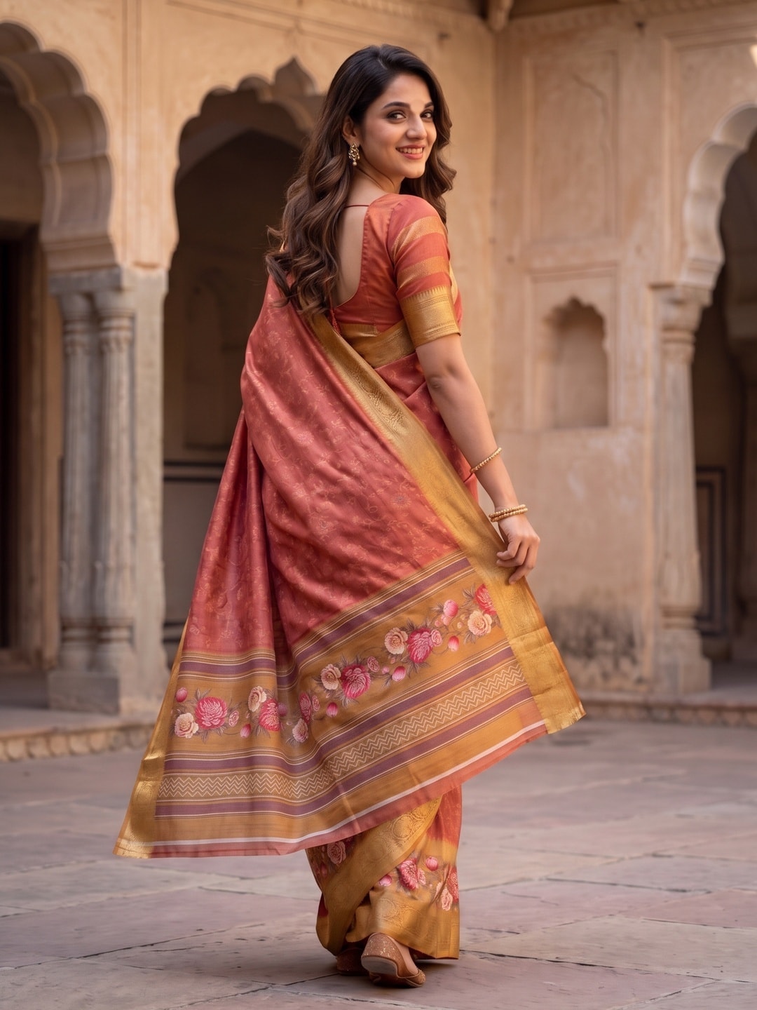 Peachmode Coral Pure Cotton Silk Saree With Bentex Jacquard And Digital Floral Print Border - Image 2