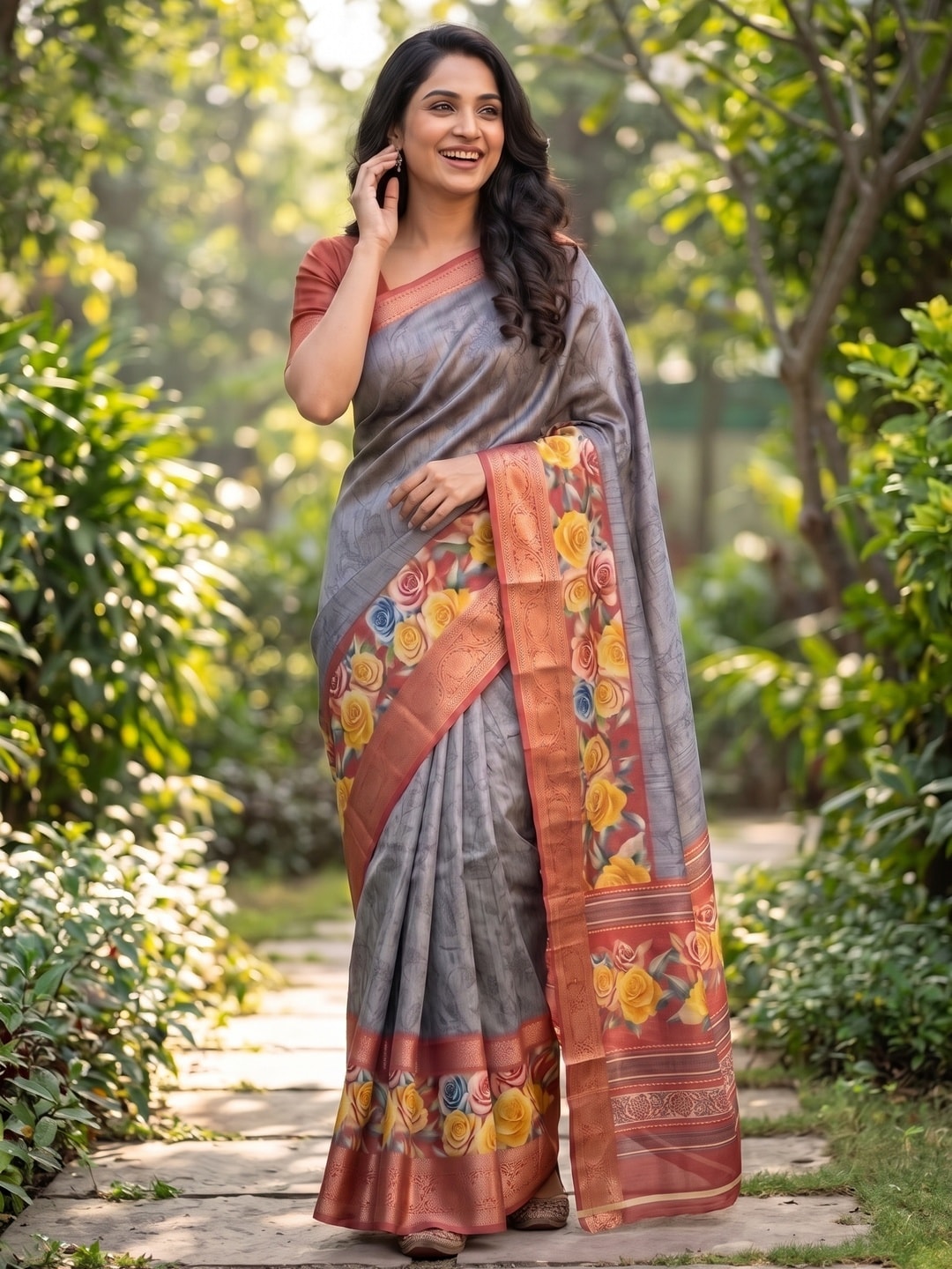 Peachmode Grey Pure Cotton Silk Saree With Bentex Jacquard And Digital Floral Print Border - Image 4