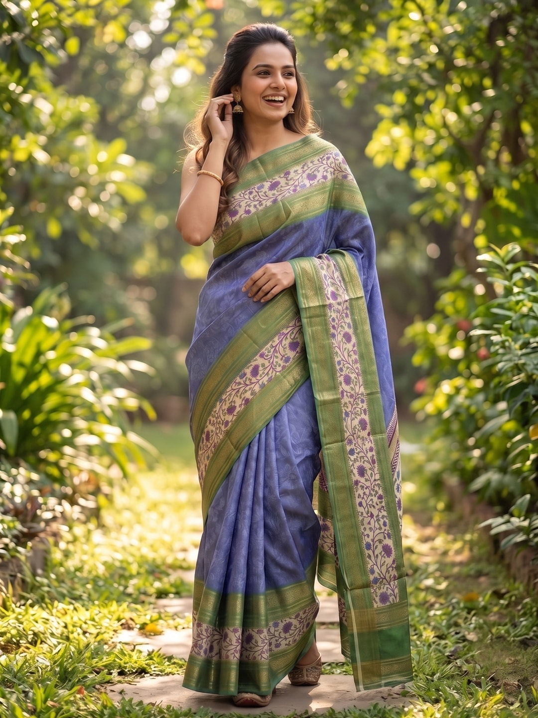 Peachmode Blue Pure Cotton Silk Saree With Bentex Jacquard And Digital Print Panel Design - Image 4