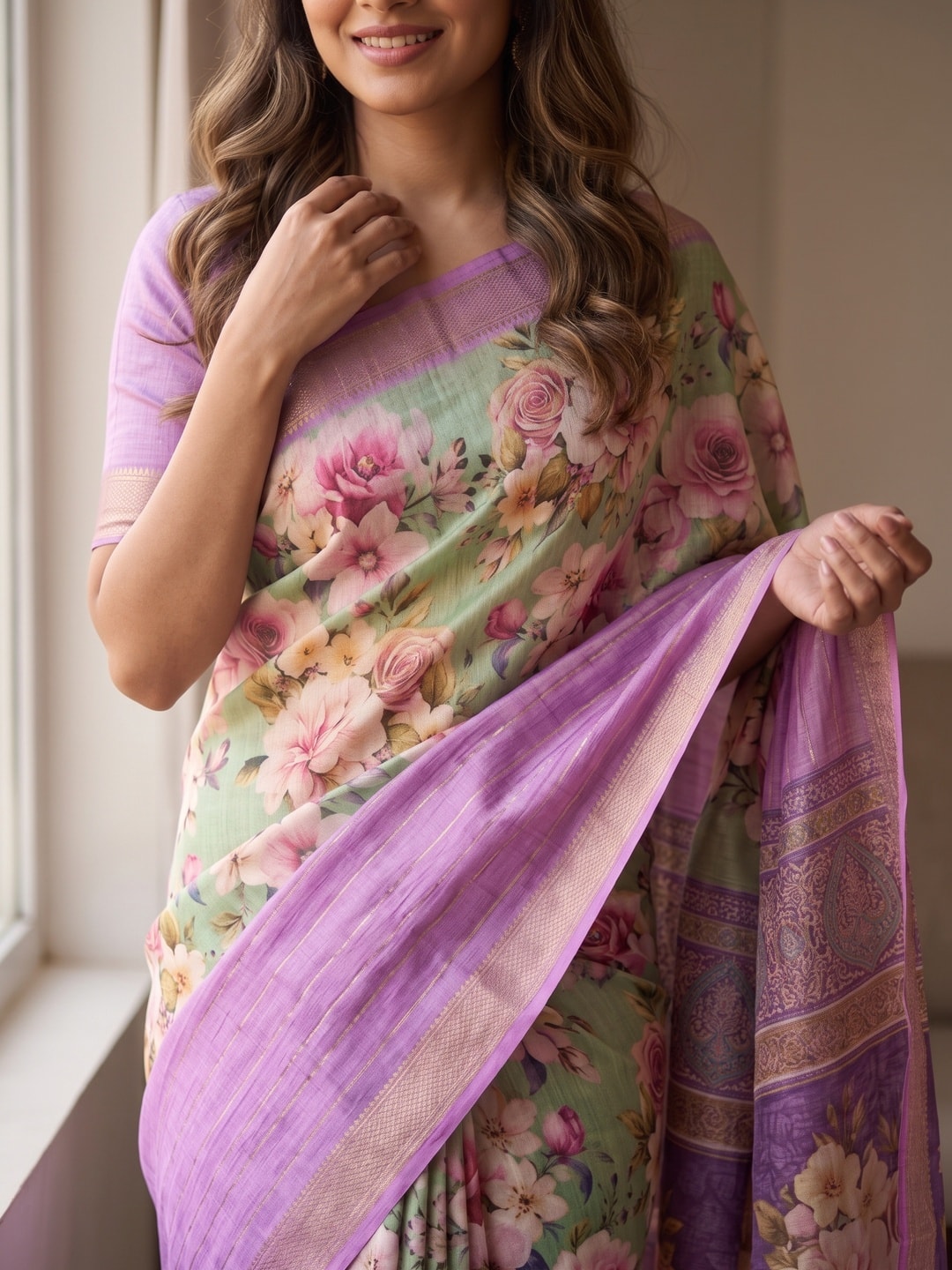 Peachmode Lilac Pure Cotton Silk Saree With Bentex Jacquard And Digital Print Panel Design - Image 5
