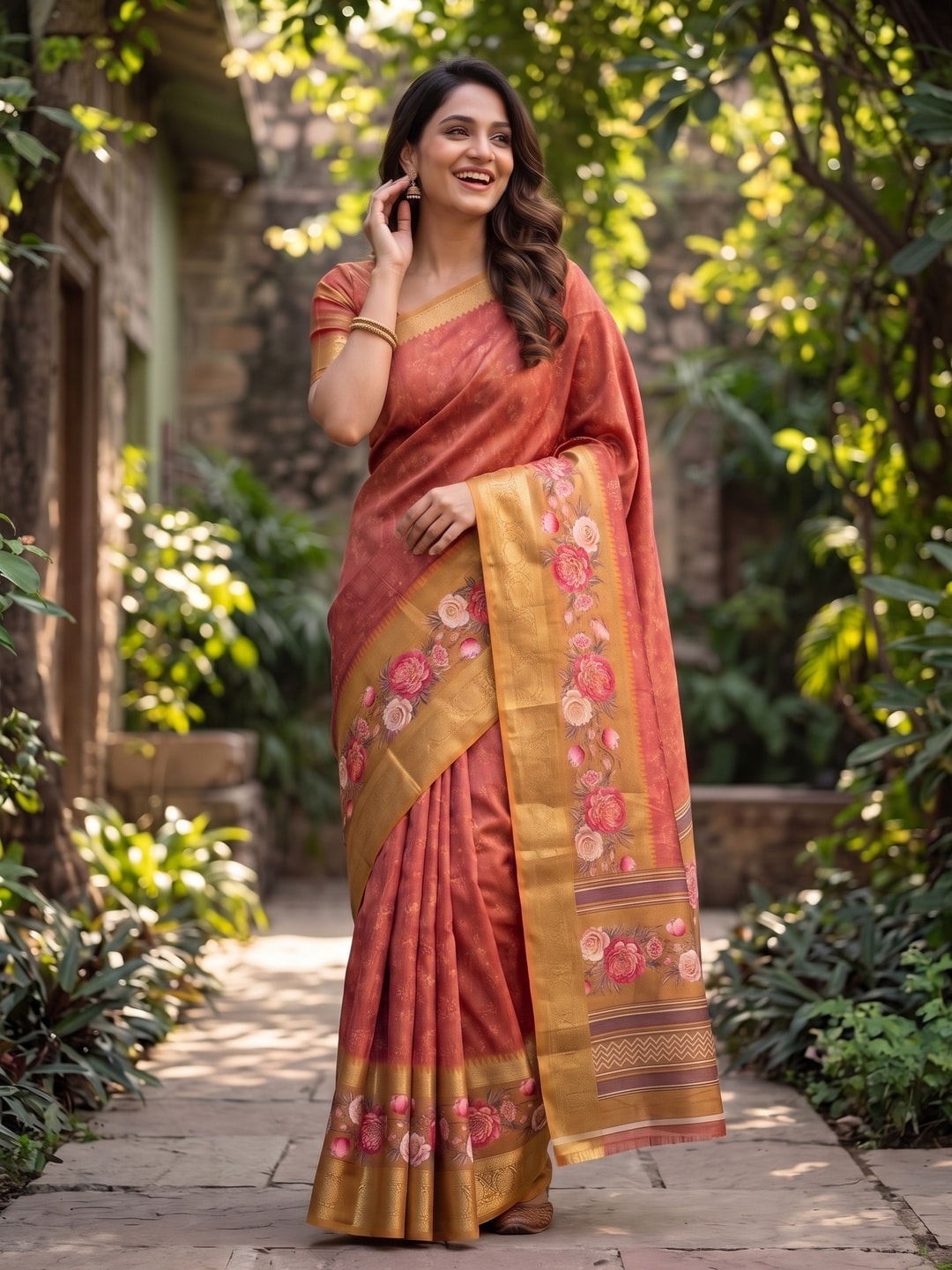 Peachmode Coral Pure Cotton Silk Saree With Bentex Jacquard And Digital Floral Print Border - Image 4