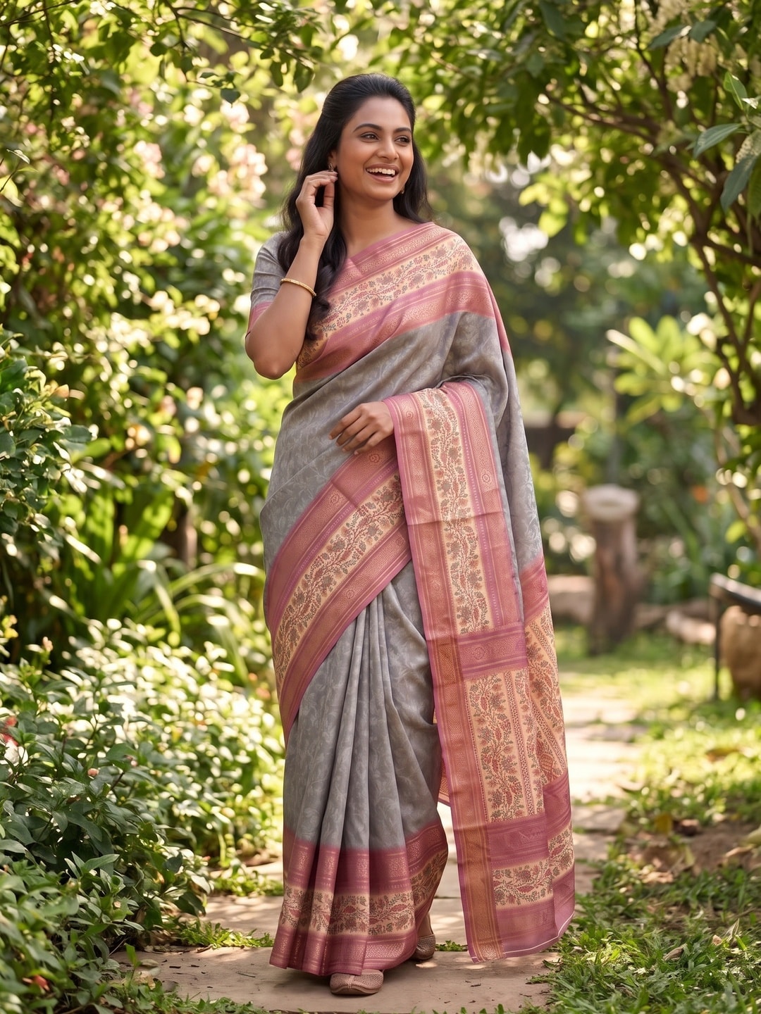 Peachmode Grey Pure Cotton Silk Saree With Bentex Jacquard And Digital Print Panel Design - Image 4