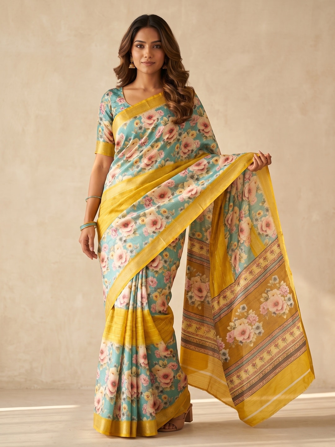 Peachmode Yellow Pure Cotton Silk Saree With Bentex Jacquard And Digital Print Panel Design - Image 1
