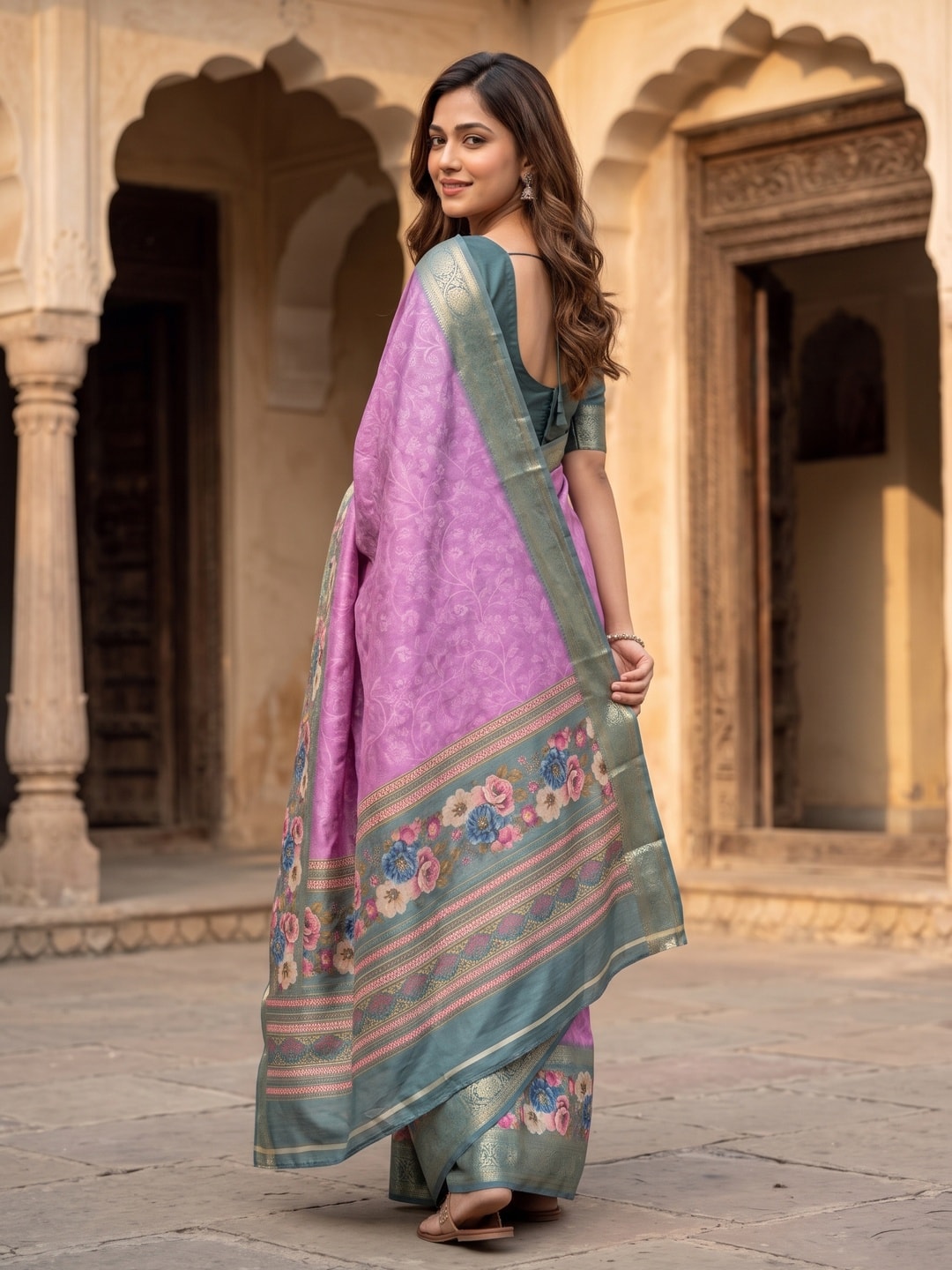 Peachmode Pink Pure Cotton Silk Saree With Bentex Jacquard And Digital Floral Print Border - Image 2