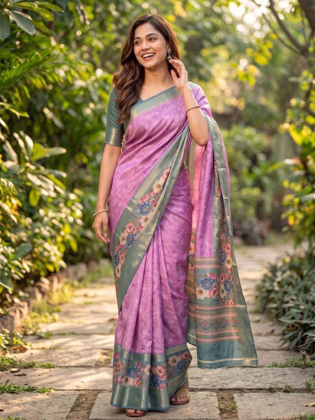 Peachmode Pink Pure Cotton Silk Saree With Bentex Jacquard And Digital Floral Print Border - Image 4