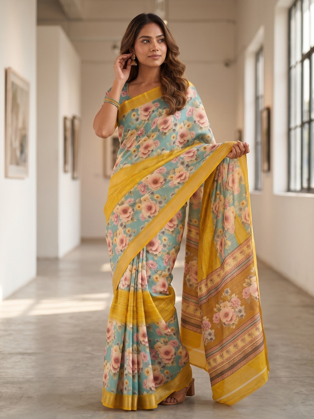 Peachmode Yellow Pure Cotton Silk Saree With Bentex Jacquard And Digital Print Panel Design - Image 4
