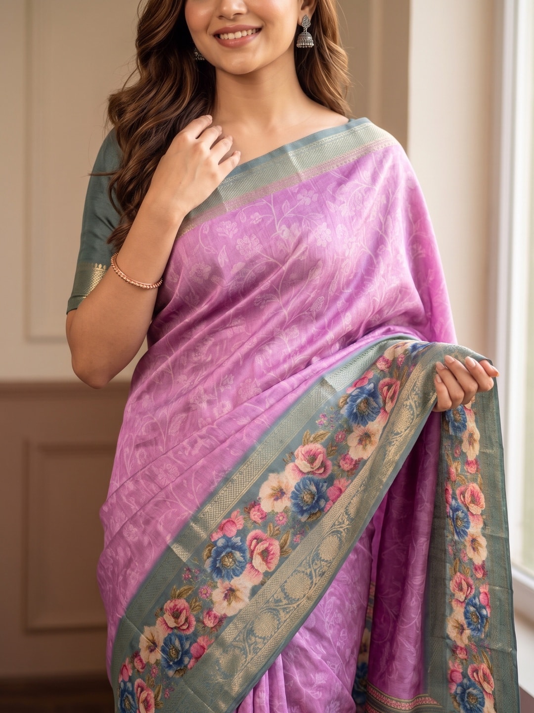 Peachmode Pink Pure Cotton Silk Saree With Bentex Jacquard And Digital Floral Print Border - Image 5