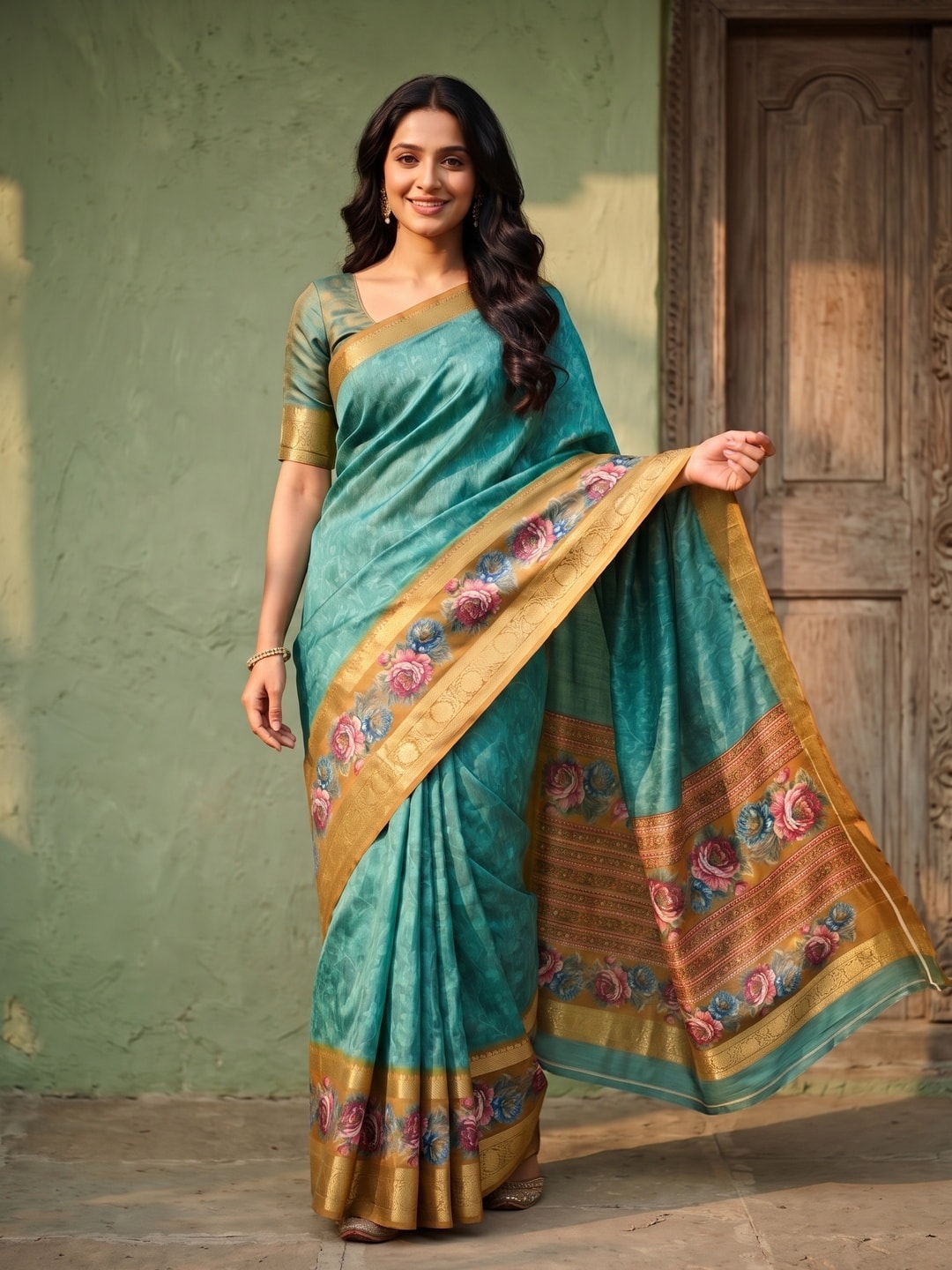 Peachmode Turquoise Pure Cotton Silk Saree With Bentex Jacquard And Digital Floral Print Border - Image 1