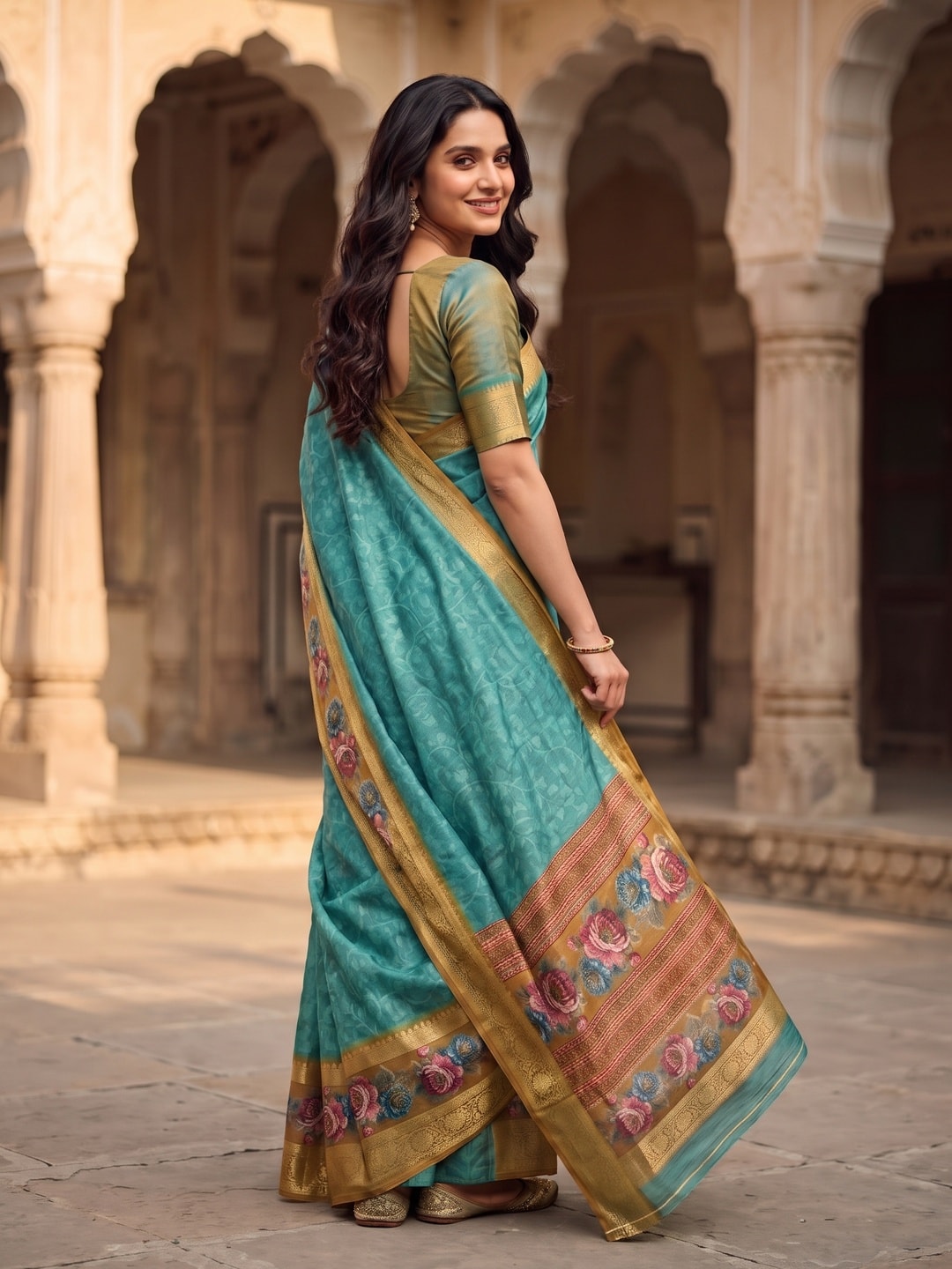 Peachmode Turquoise Pure Cotton Silk Saree With Bentex Jacquard And Digital Floral Print Border - Image 2