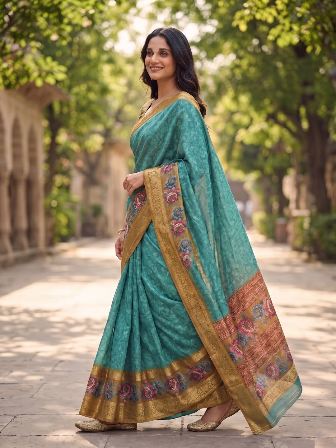 Peachmode Turquoise Pure Cotton Silk Saree With Bentex Jacquard And Digital Floral Print Border - Image 3
