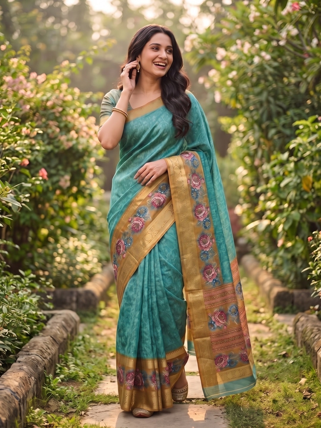 Peachmode Turquoise Pure Cotton Silk Saree With Bentex Jacquard And Digital Floral Print Border - Image 4