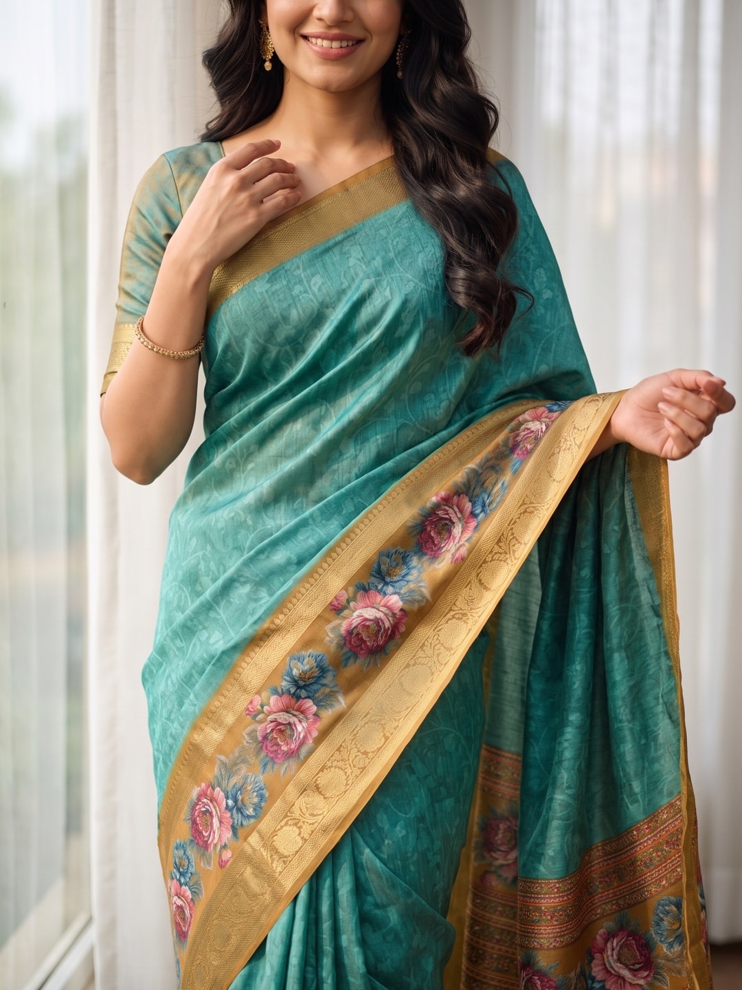 Peachmode Turquoise Pure Cotton Silk Saree With Bentex Jacquard And Digital Floral Print Border - Image 5
