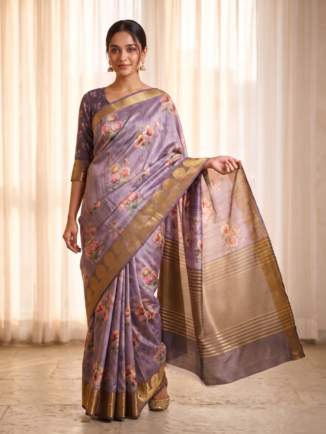 Peachmode Lavender Pure Katan Silk Saree With Jacquard Weaving Pallu And Digital Floral Print - Image 1