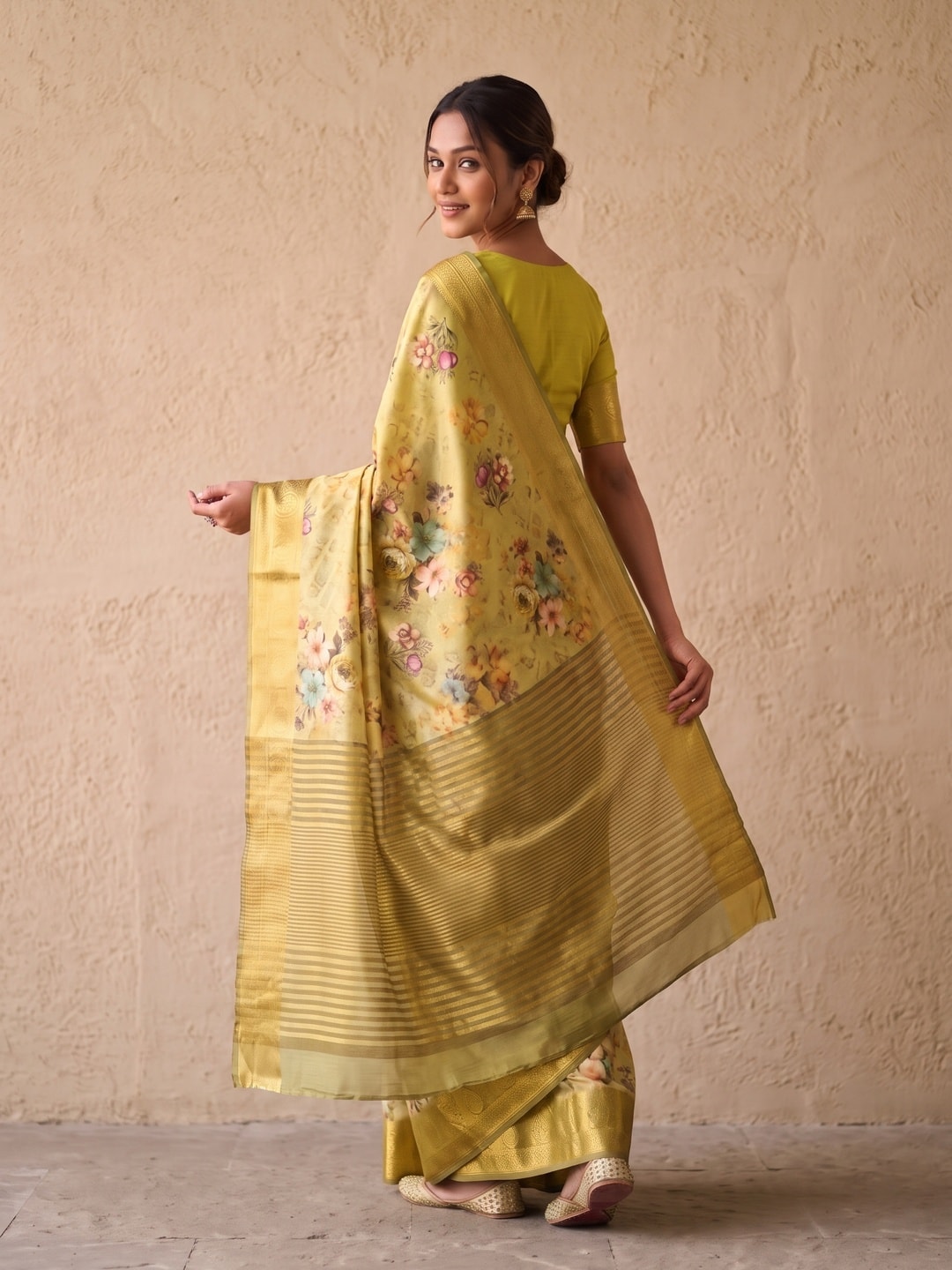 Peachmode Lime Pure Katan Silk Saree With Jacquard Weaving Pallu And Digital Floral Print - Image 2