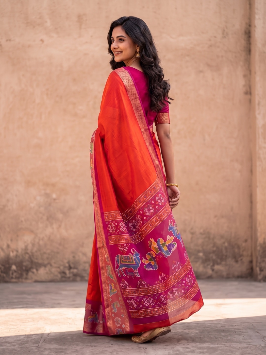Peachmode Orange Pure Monroe Silk Saree With Bentex Jacquard And Digital Print Pallu - Image 2