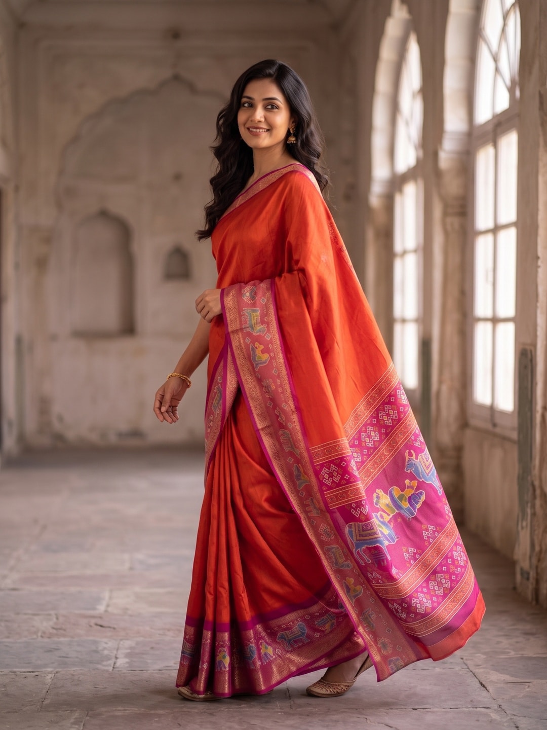 Peachmode Orange Pure Monroe Silk Saree With Bentex Jacquard And Digital Print Pallu - Image 3