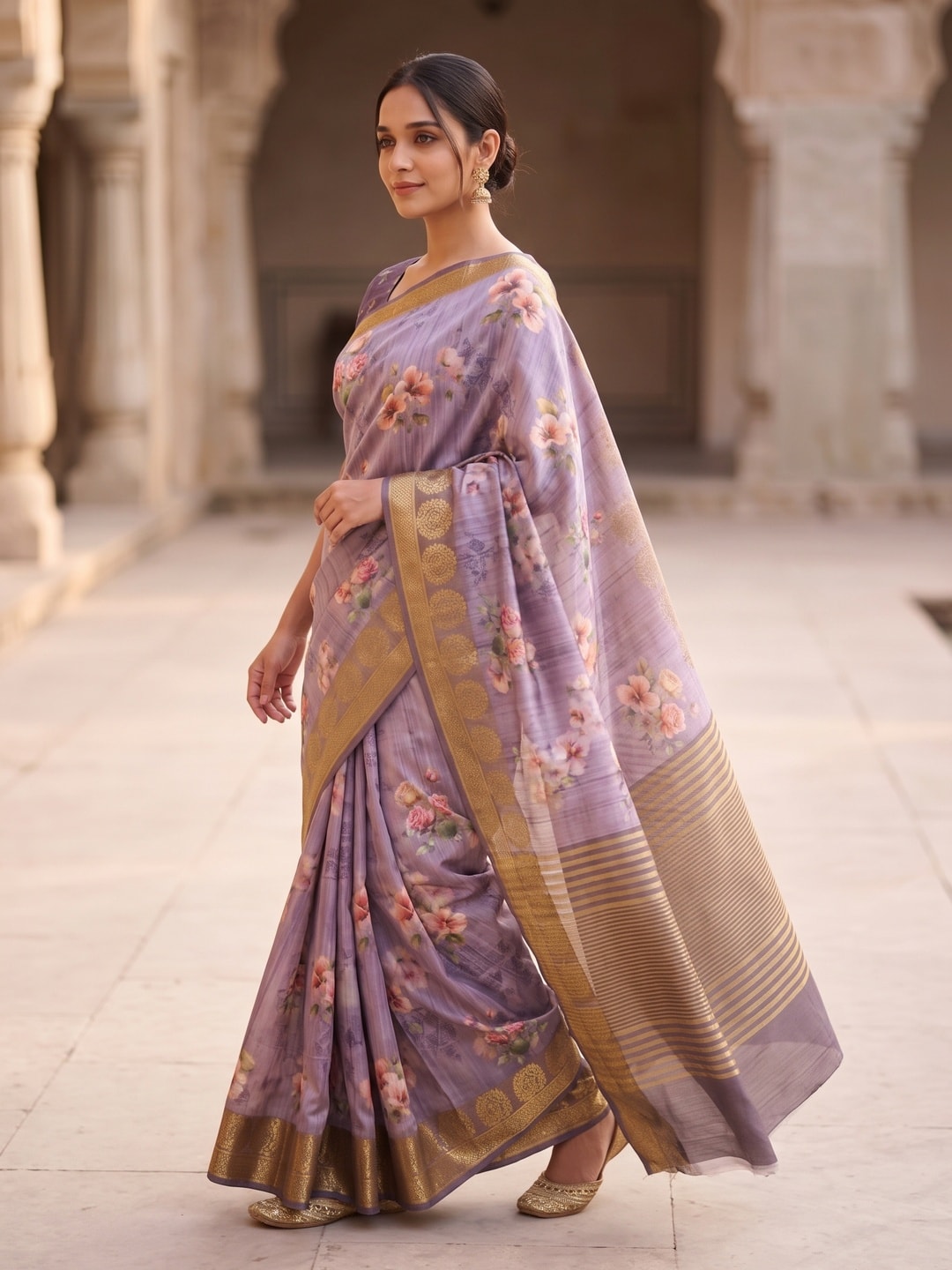 Peachmode Lavender Pure Katan Silk Saree With Jacquard Weaving Pallu And Digital Floral Print - Image 3